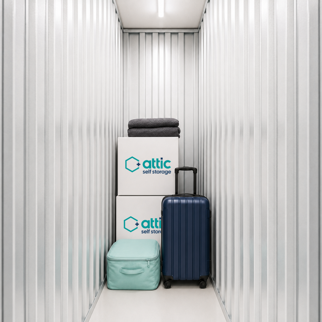 10 sq ft storage unit partly filled with moving boxes and a suitcase
