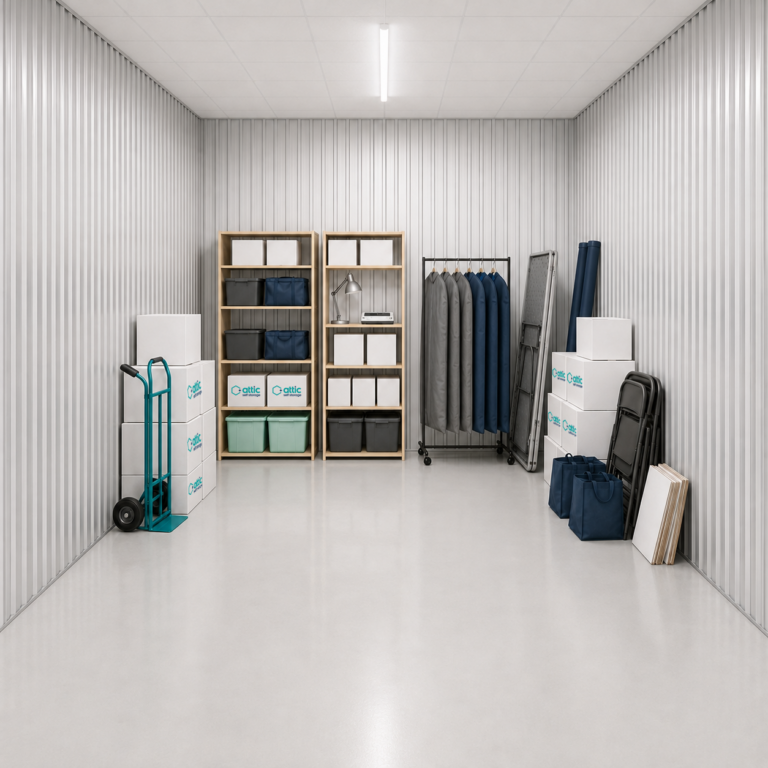 125 sq ft storage unit partially filled with boxes, shelves and racks