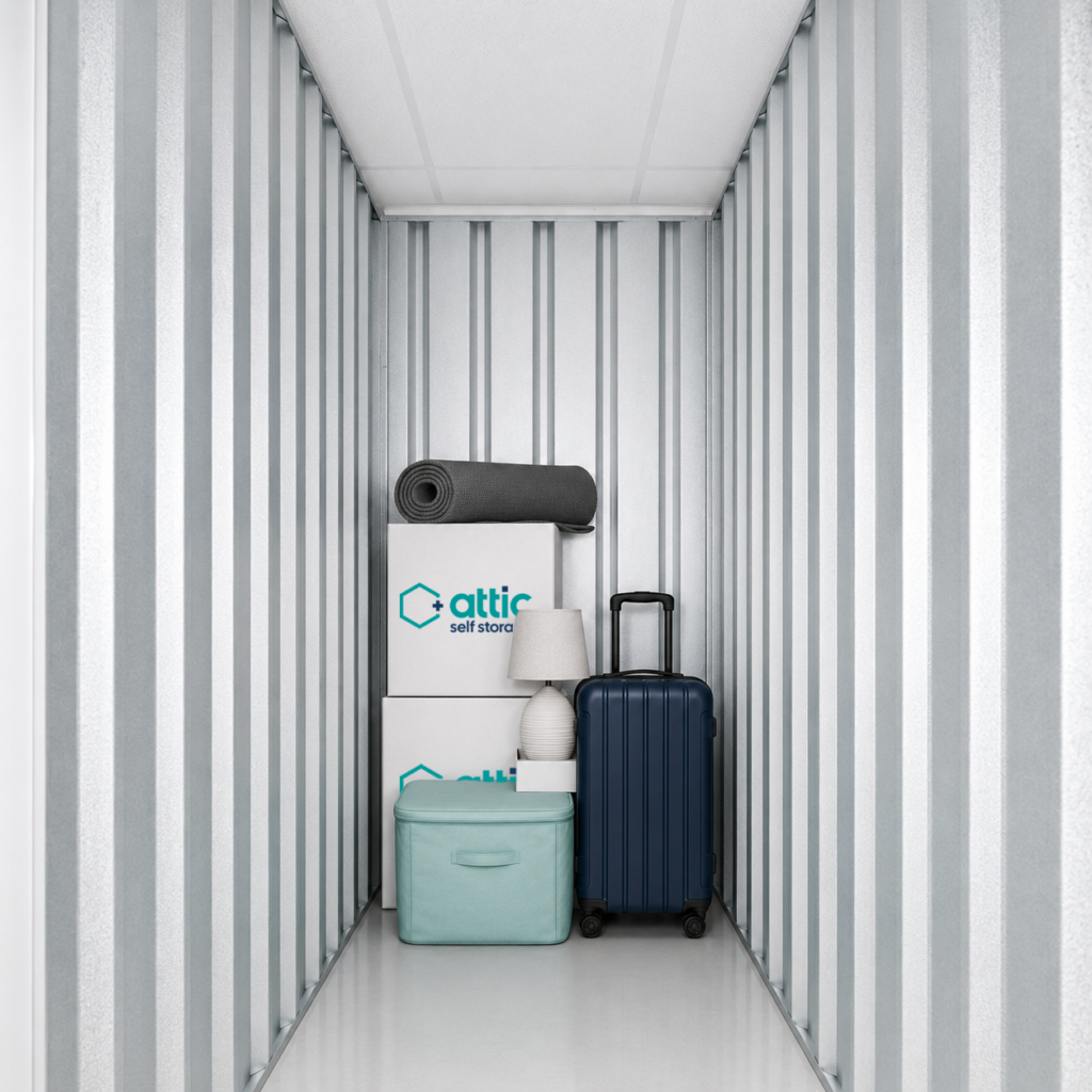 15 sq ft storage unit, partially filled with boxes, a suitcase and a few items