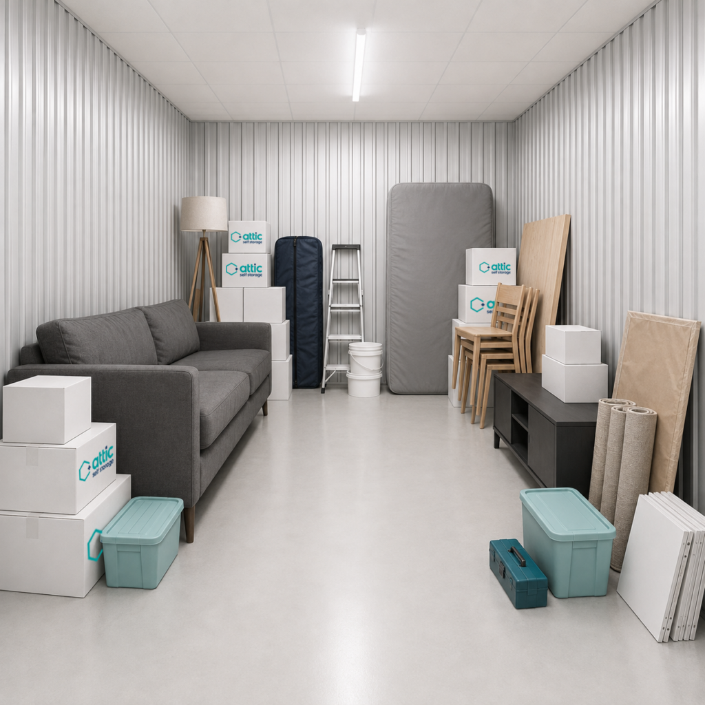 150 sq ft unit partially filled with furniture and boxes