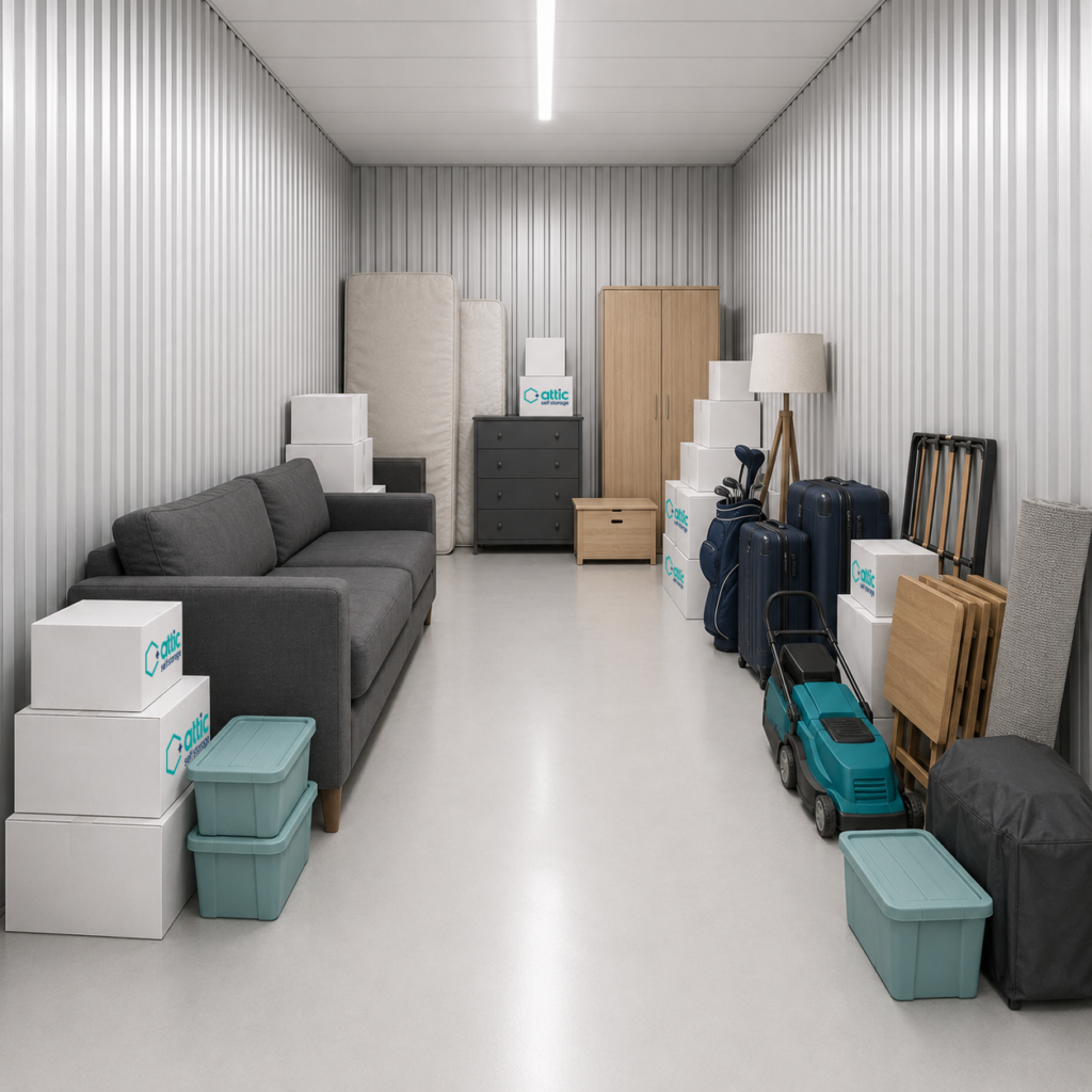 a 175 sq ft unit partially filled with furniture, boxes and household items