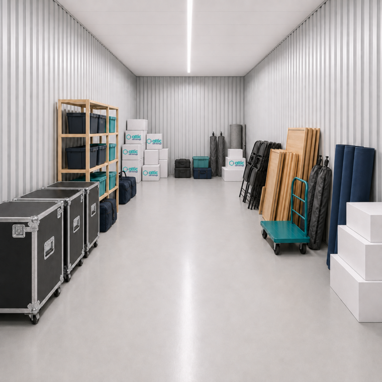 220 sq ft storage unit partially filled with equipment, boxes and furniture
