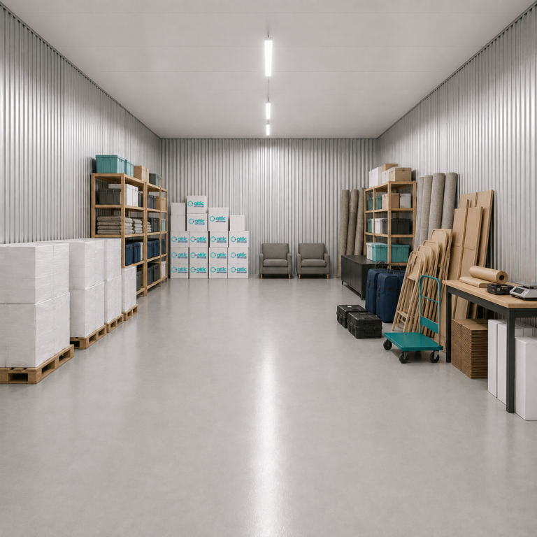 The inside of a 300 sq ft unit partially filled with business stock and equipment