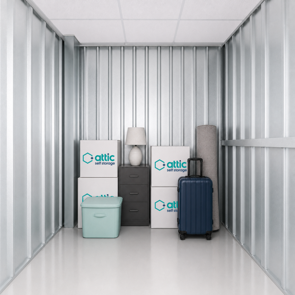 35 sq ft storage unit filled with moving boxes, suitcase and a few other household items