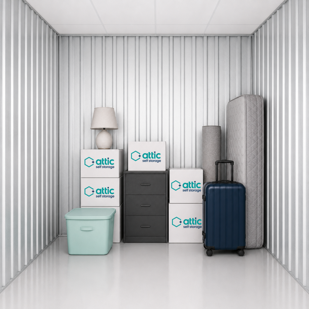 50 sq ft unit filled with boxes, suitcase and other household items