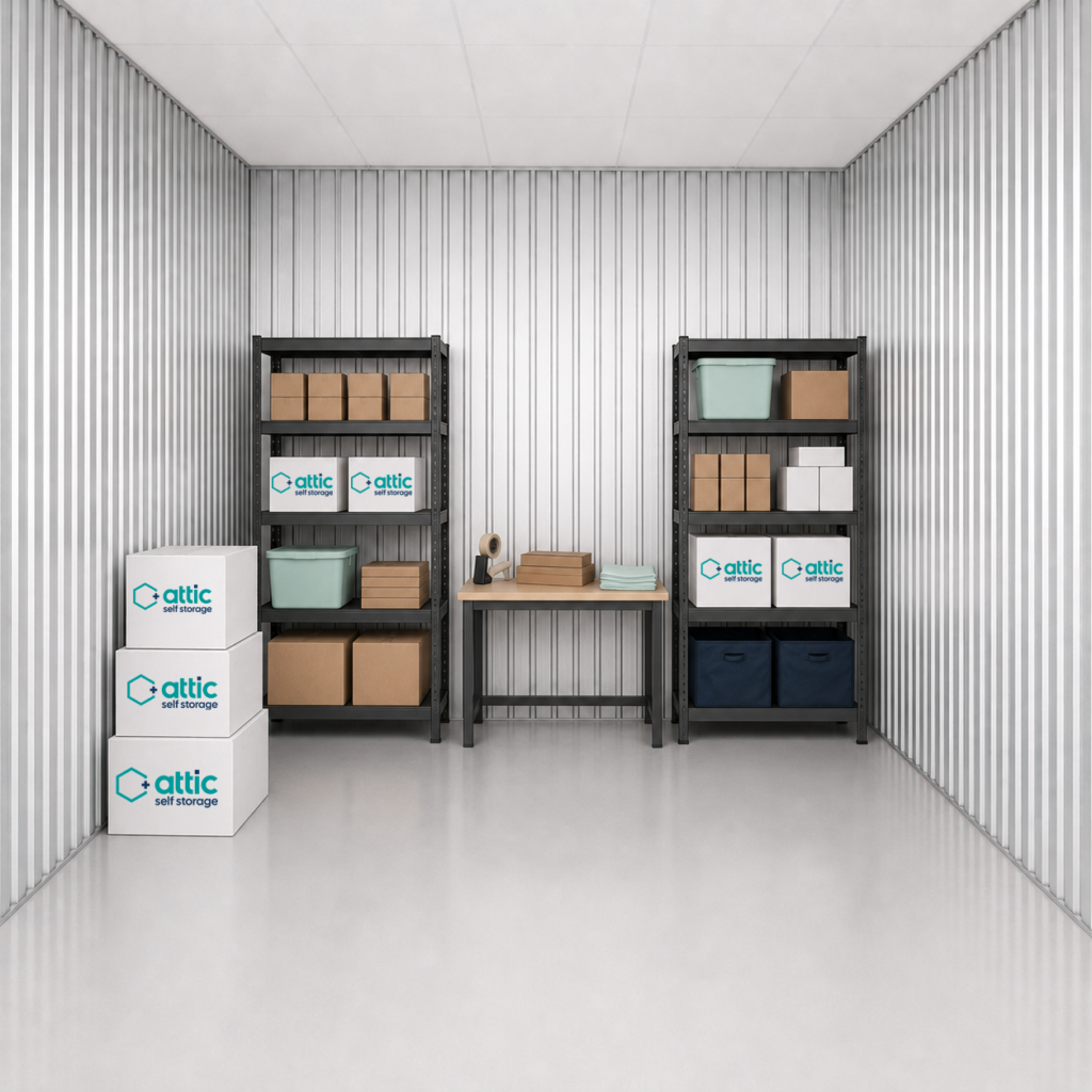 60 sq ft storage unit partially filled with business stock