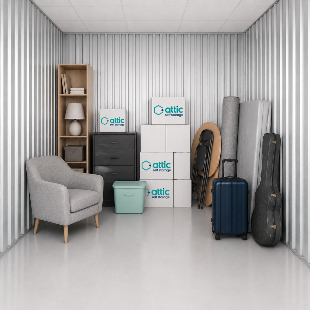 65 sq ft unit filled with boxes, furniture and suitcases