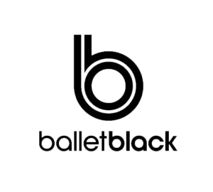 Black logo with text "Ballet Black" on a gray background.