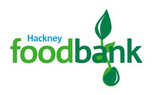 Gray background with green and blue food bank logo featuring a leaf and water drop.