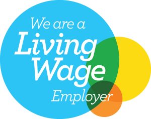 Logo in black and white of "We Are a Living Wage Employer".
