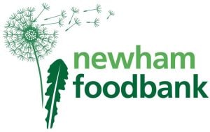 Logo of Newham Foodbank: text "Newham Foodbank" in green letters on a white background, with a dandelion blowing in the wind.