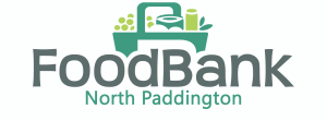 Green letters "Food Bank North Paddington" on a white background.