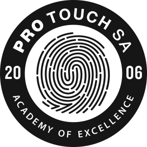 A logo of Protouch SA Academy of Excellence with a blue circle around a white fingerprint.