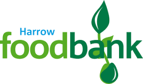 A logo of Harrow Food Bank with a stylized blue leaf representing food security.