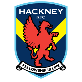 Logo with the text "Hackney RFC" written above a shield featuring a rugby ball and a knight's helmet.