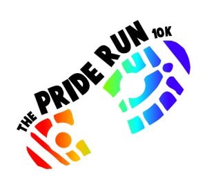A rainbow coloured footprint in the shape of a heart with the text "The Pride Run 10K" written below it.